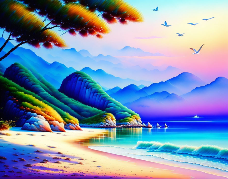 Serene beach landscape with blue water, green hills, and colorful sky