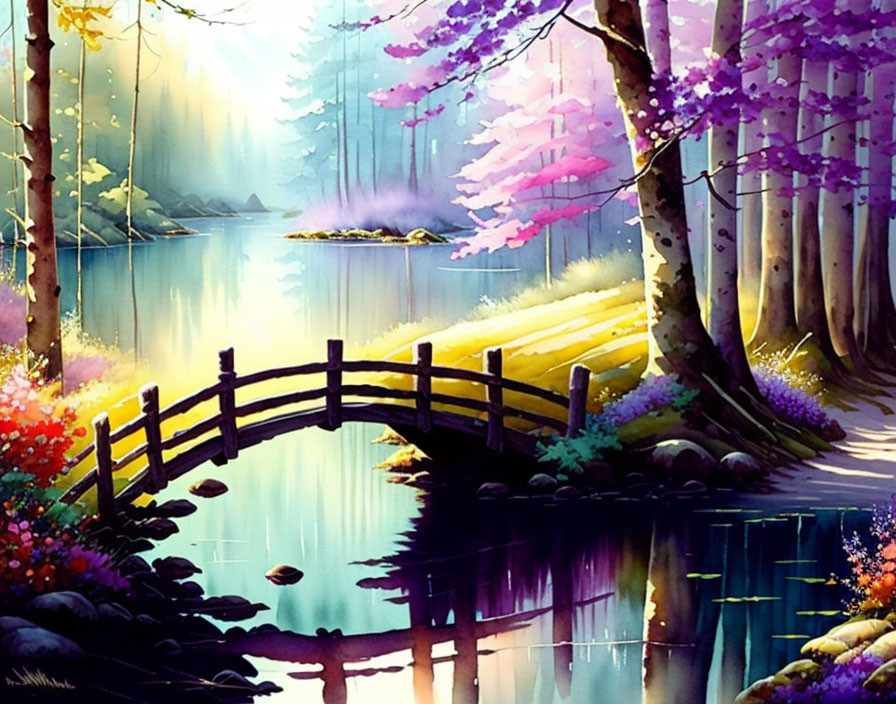 Colorful forest painting with wooden bridge and stream