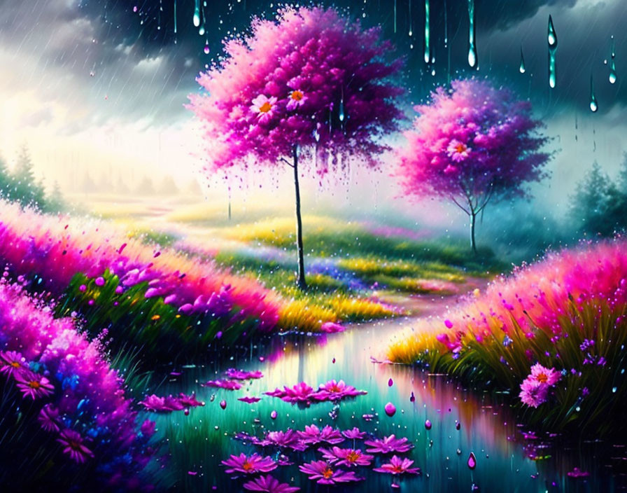 Colorful landscape painting: pink trees, flowers, raindrops, tranquil pond