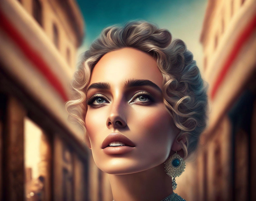 Blonde Curly-Haired Woman Portrait with Blue Eyes and Earrings