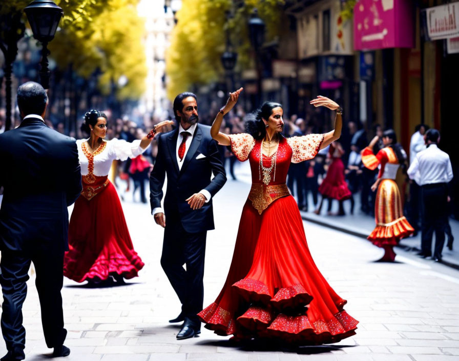 Traditional flamenco dancers in elegant attire performing on city street.