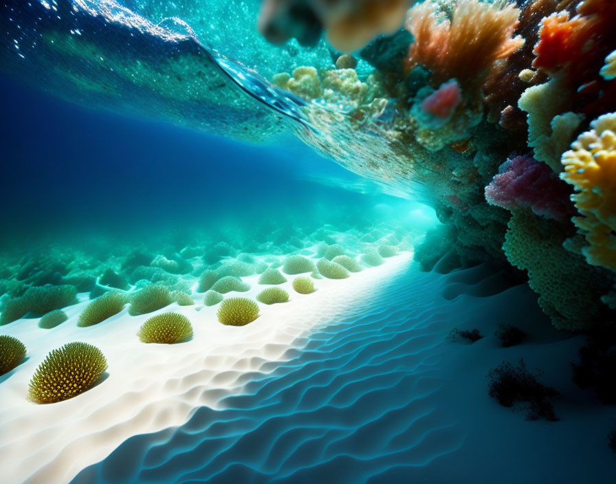 Sunlit Underwater Coral Formations and Marine Flora Display