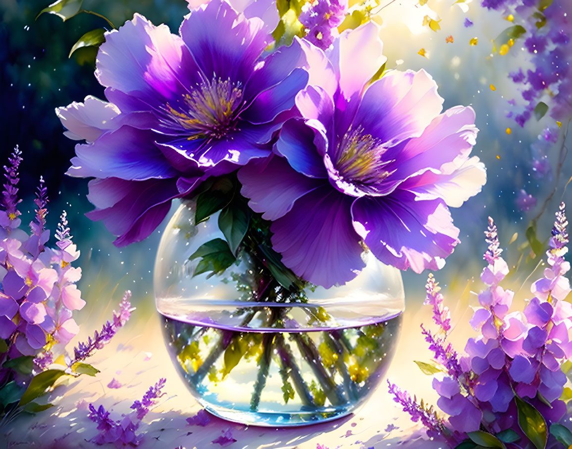 Purple Flowers in Glass Vase on Whimsical Bokeh Background