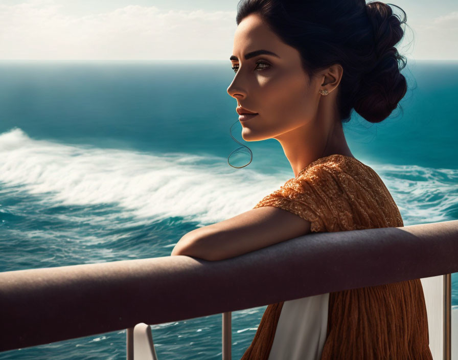 Elegant woman with updo gazes at ocean waves from railing