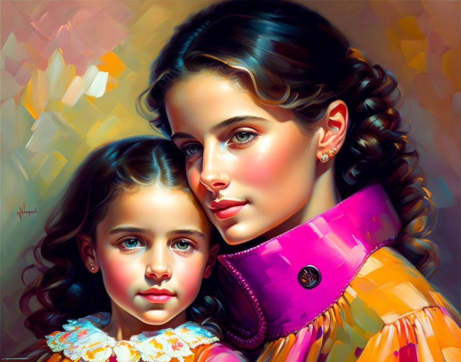 Portrait of Woman and Girl with Similar Features Against Colorful Abstract Background