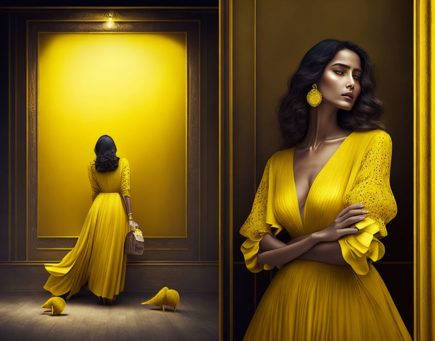 Elegant woman in yellow dress beside framed backdrop