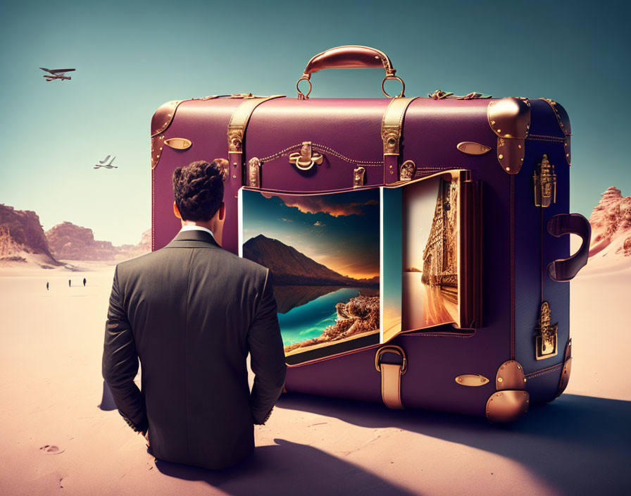 Man in suit gazes at open suitcase with scenic screen in desert landscape