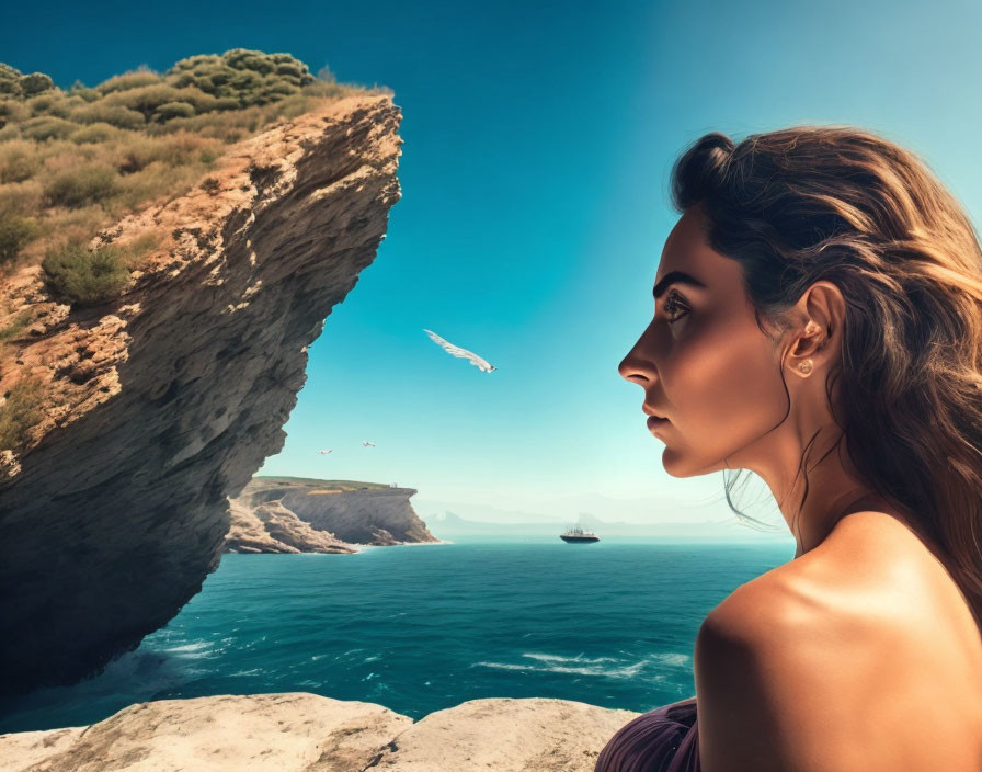 Woman admiring sea view from rocky cliff under clear sky with boat and seagulls in distance