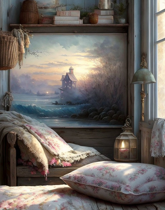 Rustic interior with bed and pillows overlooking serene seascape at dusk