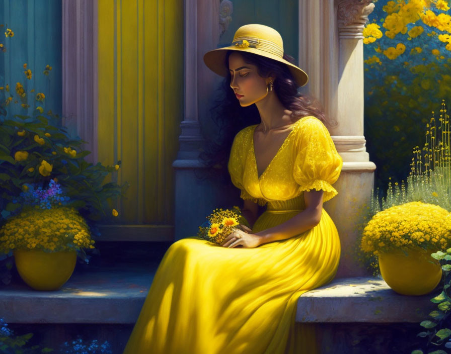 Woman in Yellow Dress Sitting Among Vibrant Flowers