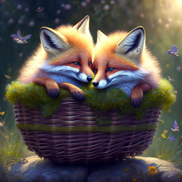 Foxes resting in moss-draped basket in dreamy forest with butterflies.