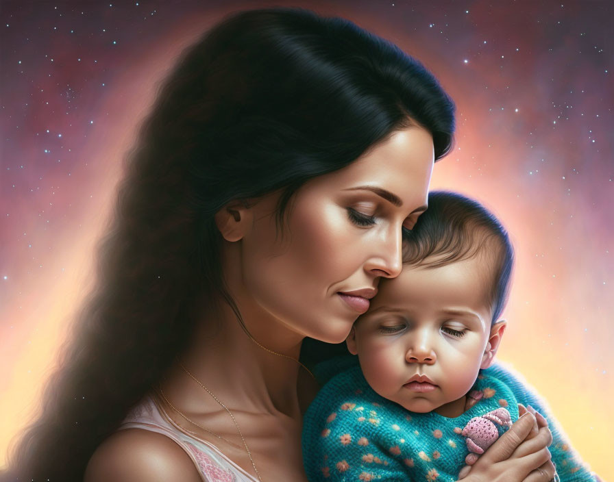 Portrait of woman cradling sleeping baby under star-filled sky