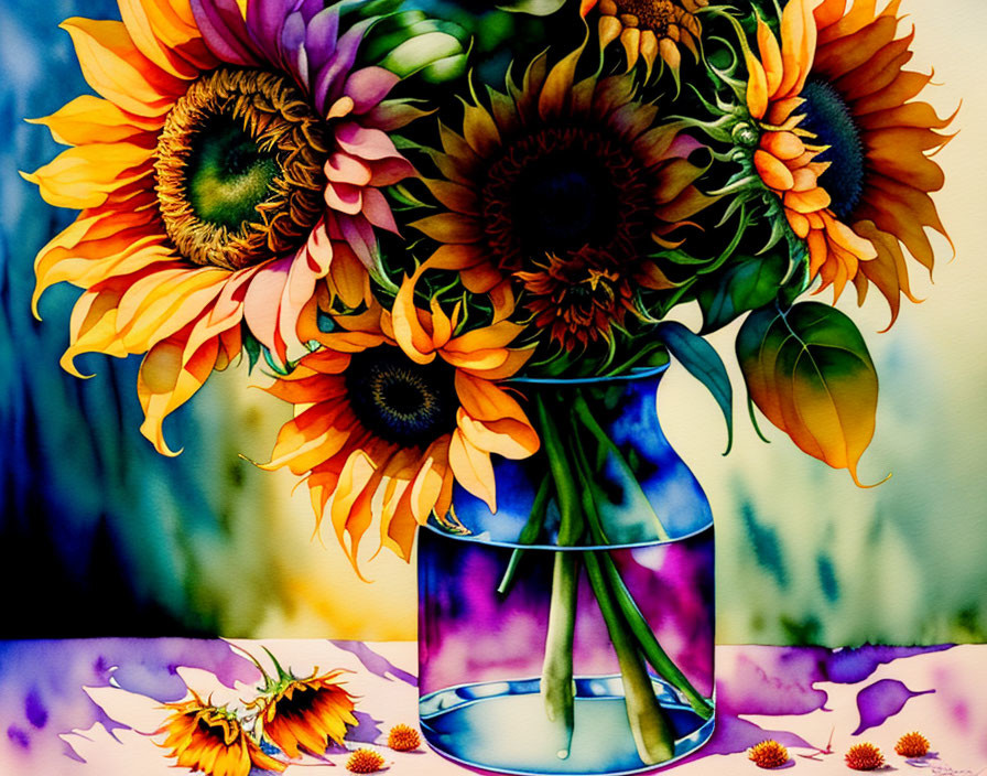 Sunflowers in glass vase watercolor painting