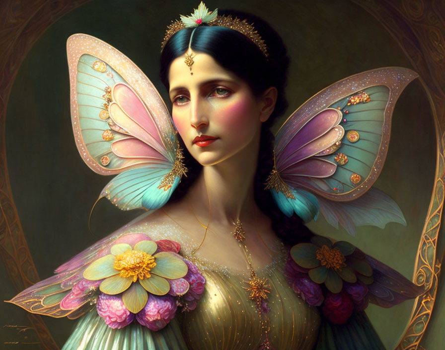 Fantasy female figure with butterfly wings and floral attire