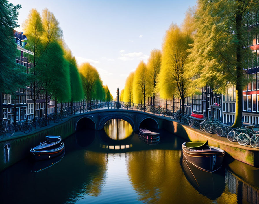 City canal at dusk with boats, bicycles, trees, and classic architecture