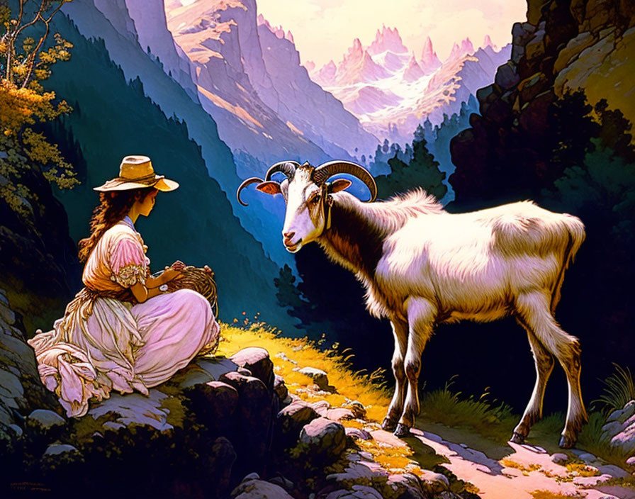 Woman knitting beside path with goat in mountainous landscape