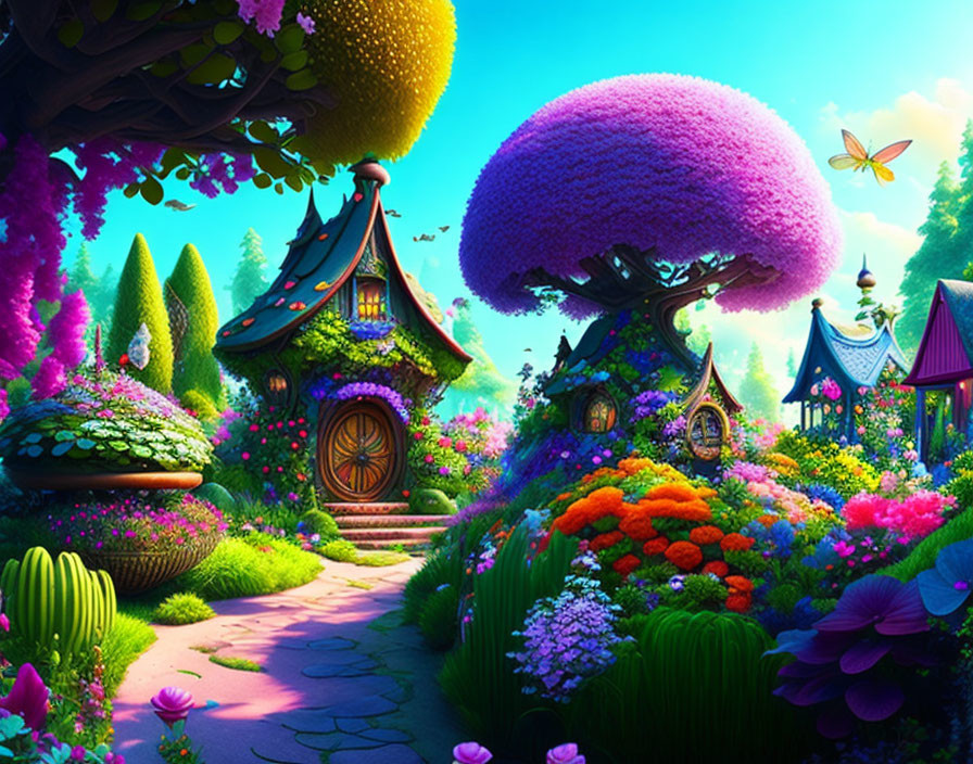 Fantasy garden with whimsical cottages, lush flora, and a butterfly