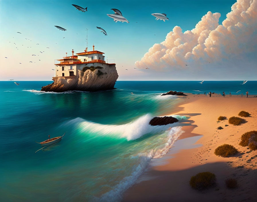 Tranquil beach scene with unique house on rock, birds, waves, boat, and people walking