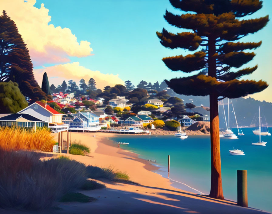 Tranquil coastal landscape with sailboats, beach, houses, trees, and sky