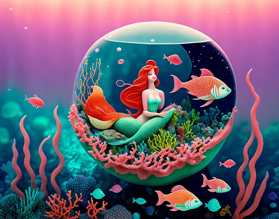 Colorful mermaid in bubble surrounded by fish and coral reefs