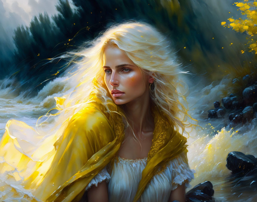 Blonde woman in yellow cloak by turbulent river and dark forest