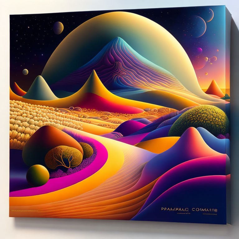 Colorful surreal landscape painting with undulating hills, starry sky, and geometric shapes