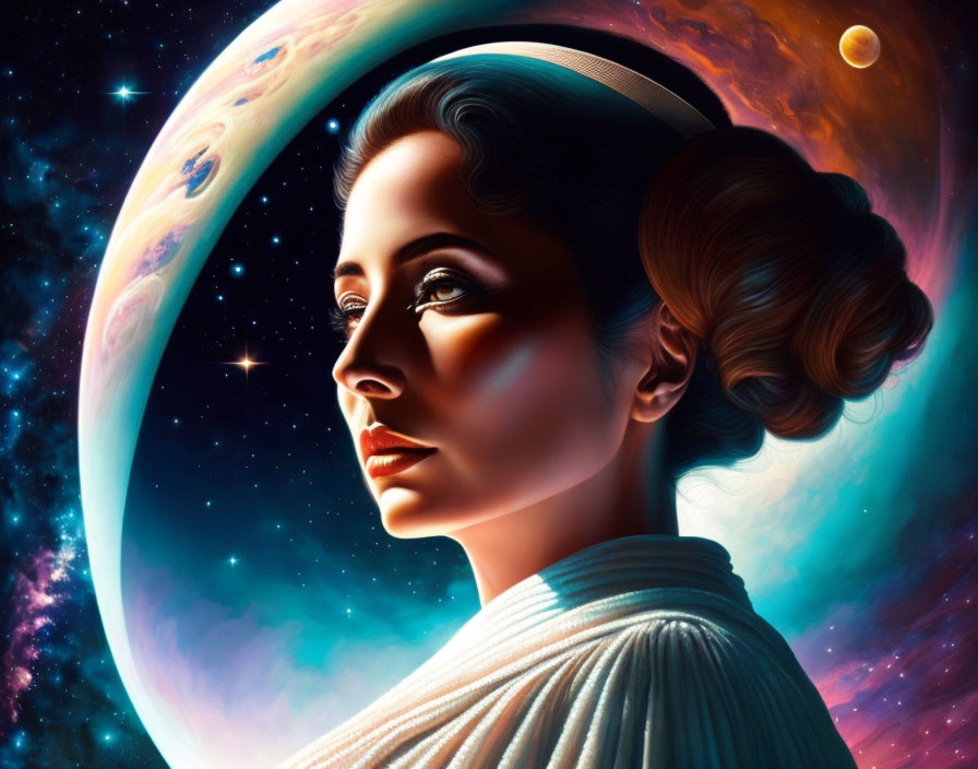 Stylized portrait of woman with elaborate hair in white outfit against cosmic background.