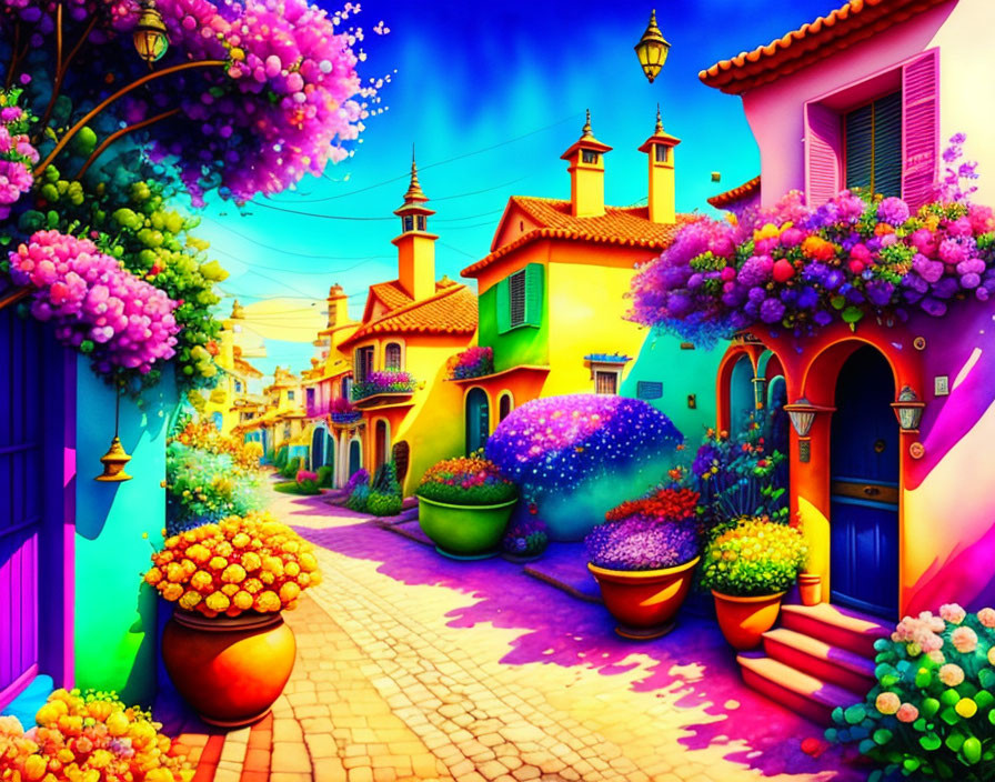 Colorful illustration of charming street with bright flowers & whimsical houses