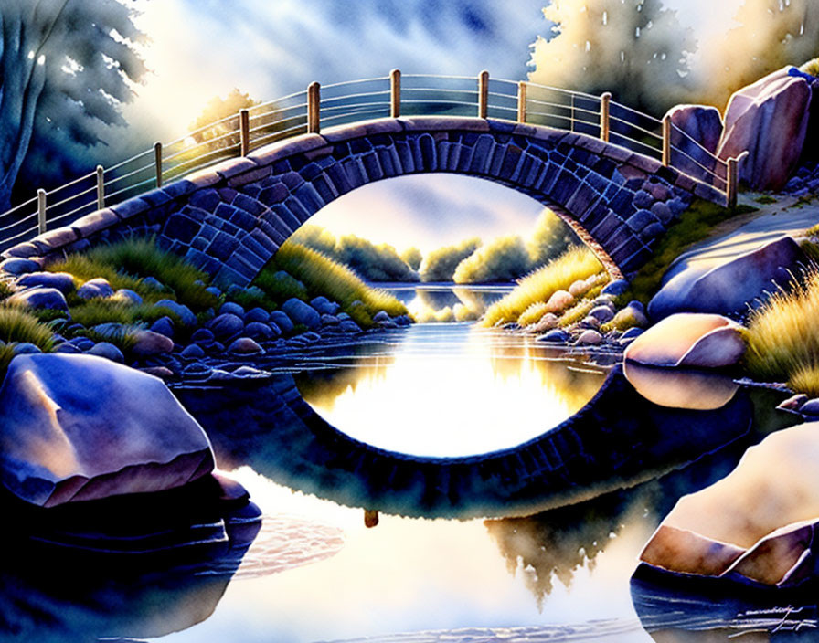 Tranquil stone bridge over calm river at sunset