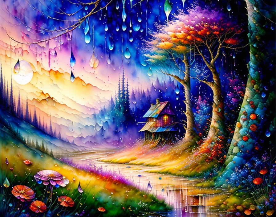 Colorful Whimsical Landscape Painting with Cottage, Trees, River, and Sunset