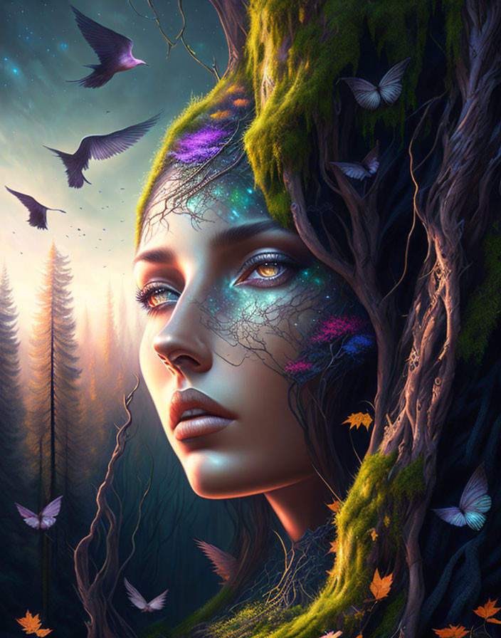 Woman's face merges with forest, cosmic patterns, birds, butterflies in twilight setting