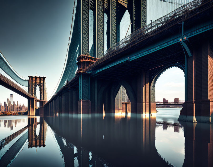 Large Suspension Bridge Towers Reflected in Calm Water