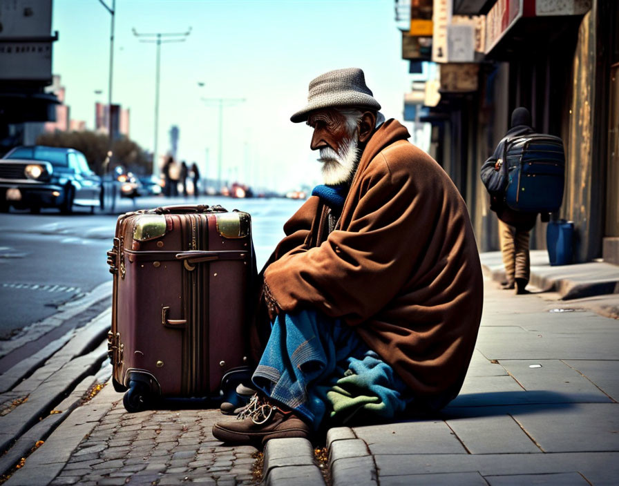 Elderly man with suitcase in city setting, cars and pedestrian in background