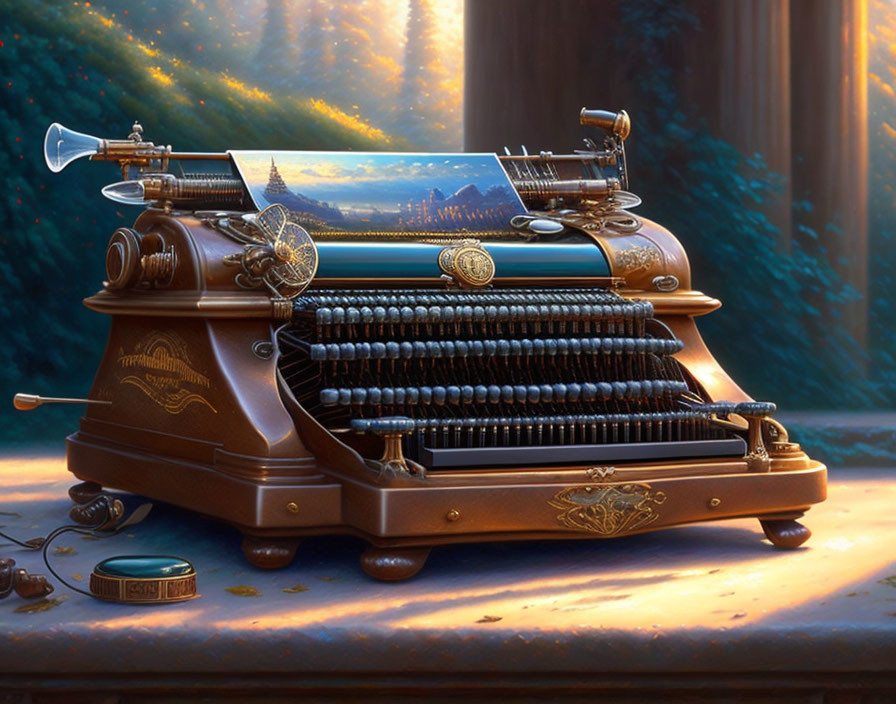 Vintage typewriter with forest scenery reflection in sunlit setting