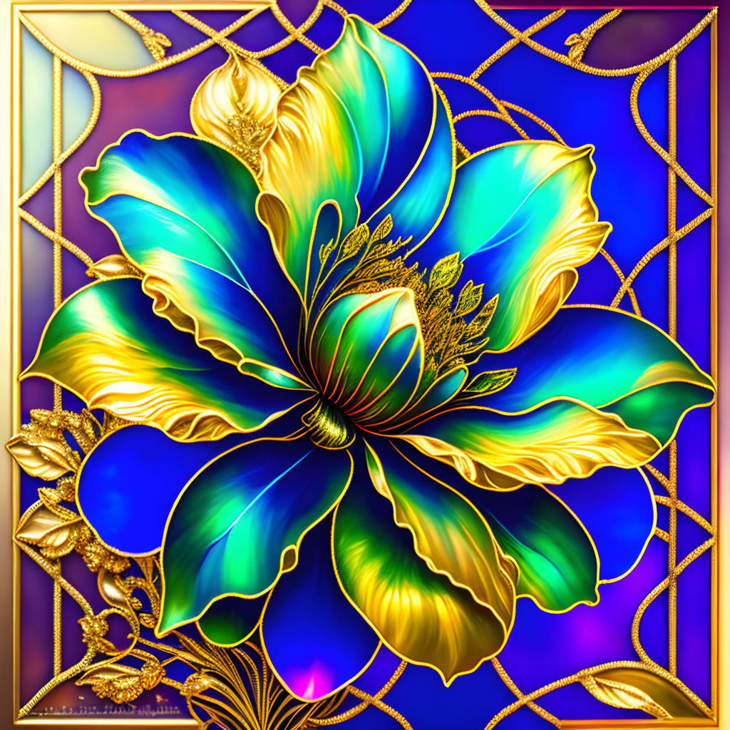 Colorful digital illustration: Blue and gold stylized flower on purple background