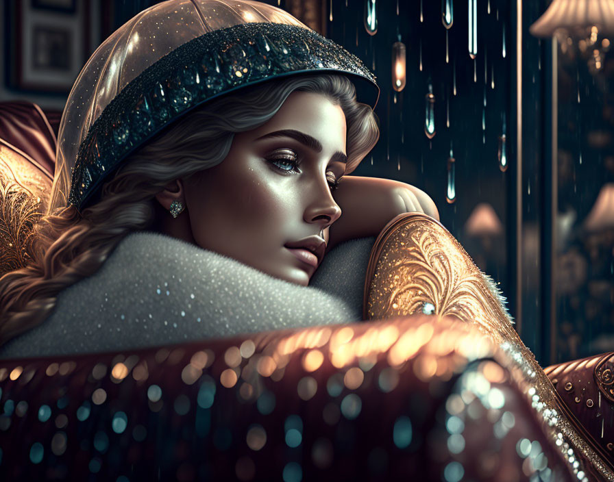 Digital Art Portrait of Woman by Sofa Gazing at Rainy Window