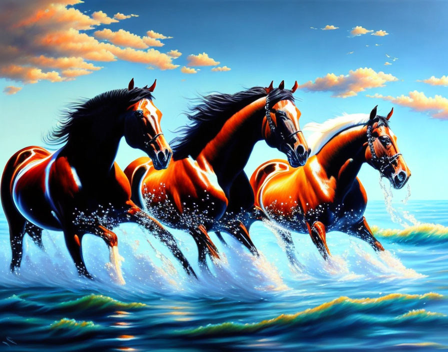 Three horses galloping in ocean waves under vibrant sunset.