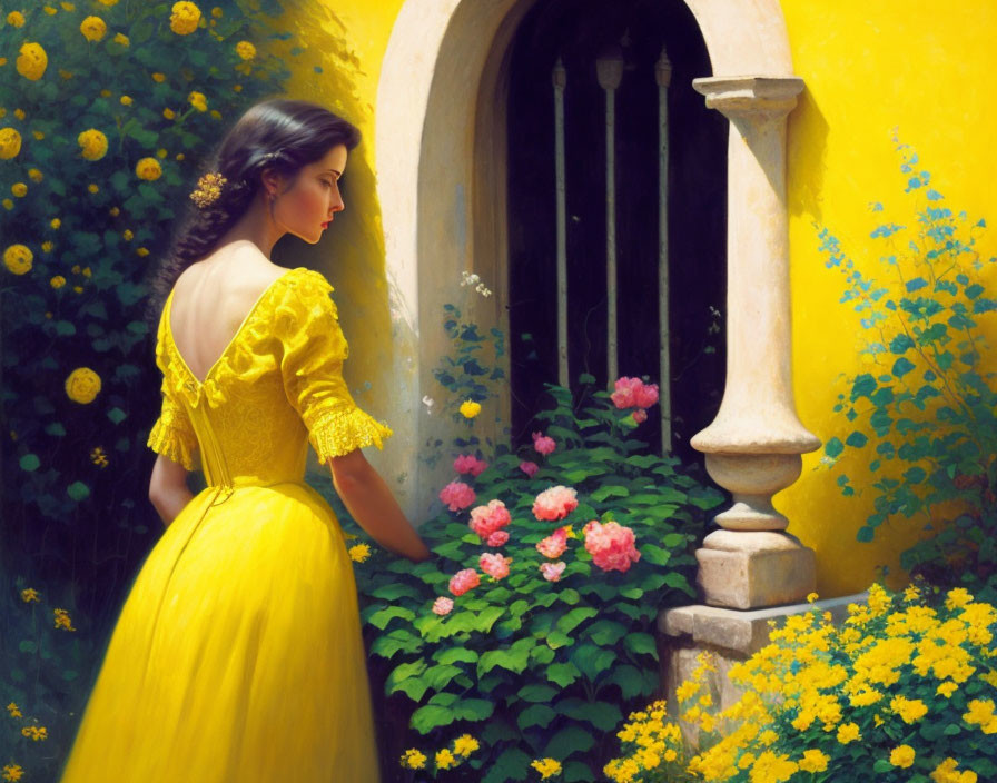 Woman in yellow dress by yellow wall with pink flowers and stone balustrade among green foliage