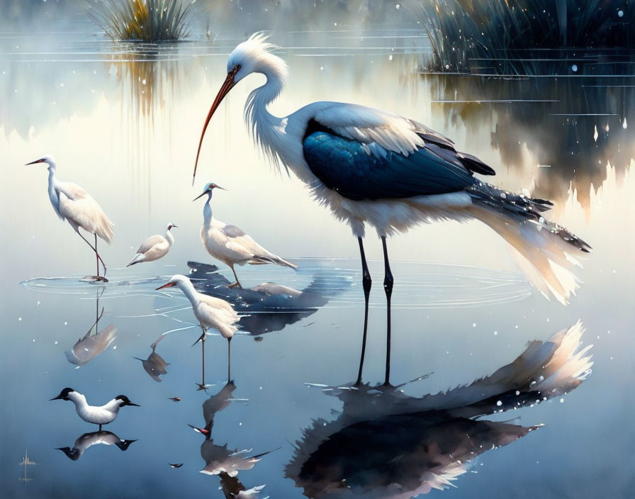 Tranquil painting: Heron and egrets in serene water