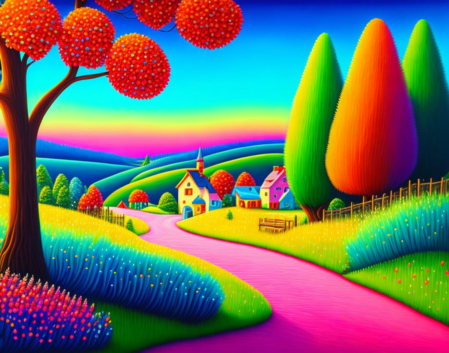 Colorful landscape with whimsical trees and pink path to village.