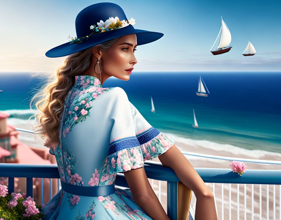 Digital illustration: Woman in floral dress and blue hat on balcony overlooking sailboats.