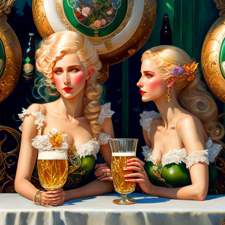 Illustrated Women with Baroque Features Holding Beer Glasses