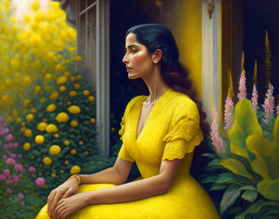 Woman in Yellow Dress Sitting by Garden of Yellow Flowers and Green Foliage