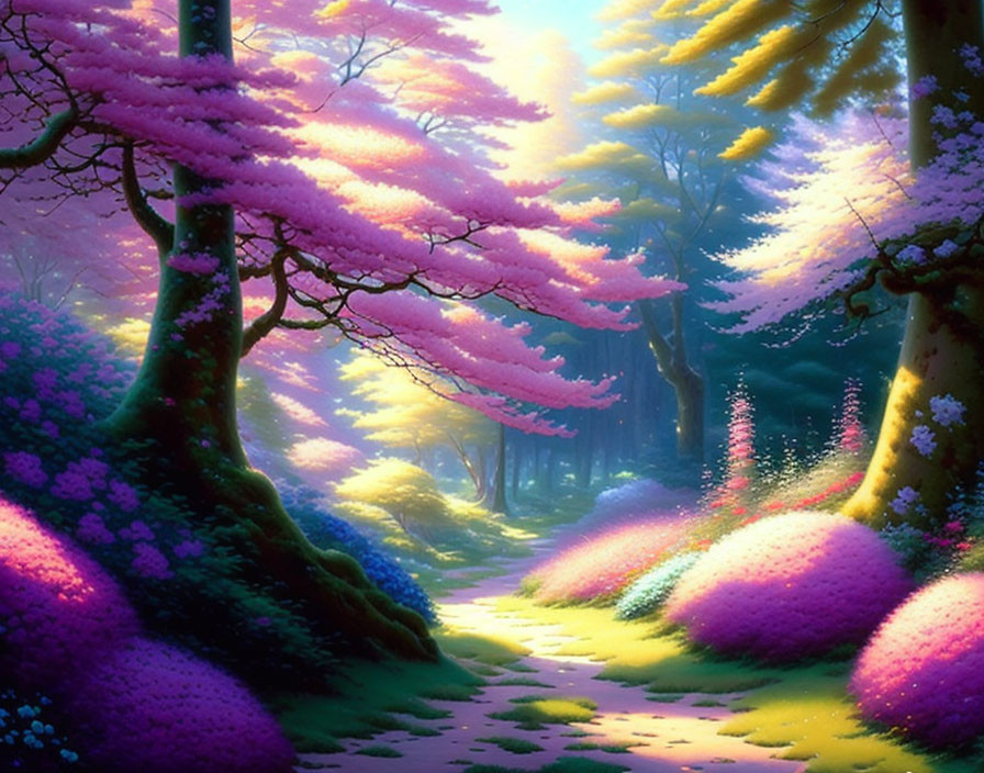 Enchanting forest with pink blossoms and glowing path