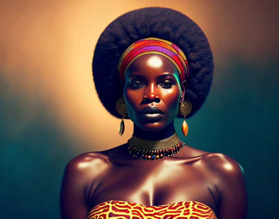 Striking makeup and textured afro with colorful accessories.