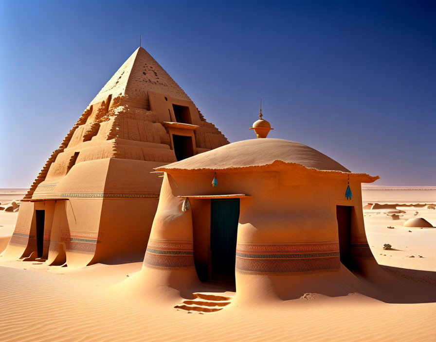 Smooth facade pyramid and sand-covered building in desert landscape