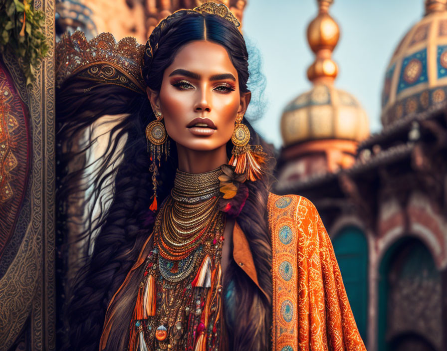 Elegant woman in elaborate attire with temple background