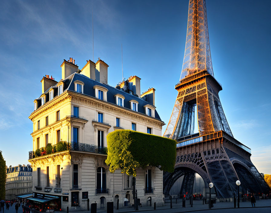 Classic architecture and Eiffel Tower in Paris street at dusk