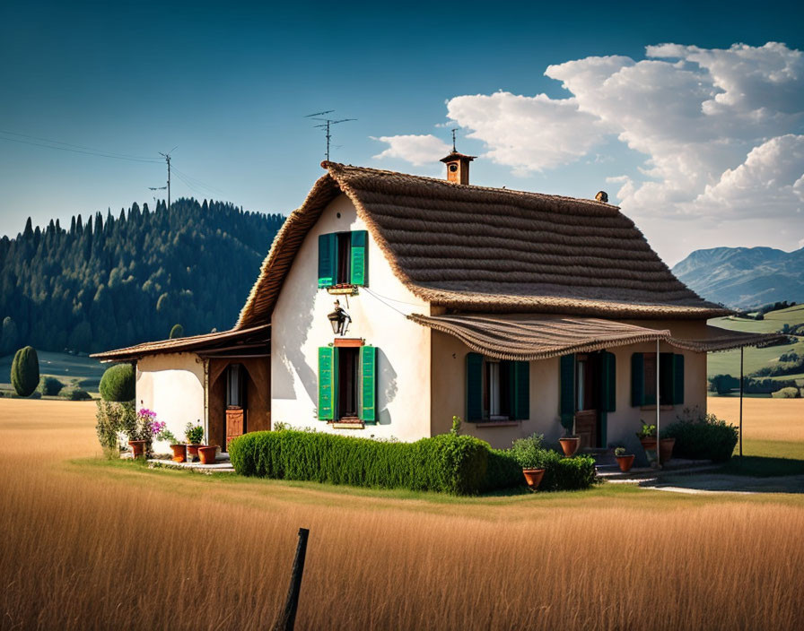 White House with Green Shutters in Golden Field & Blue Sky