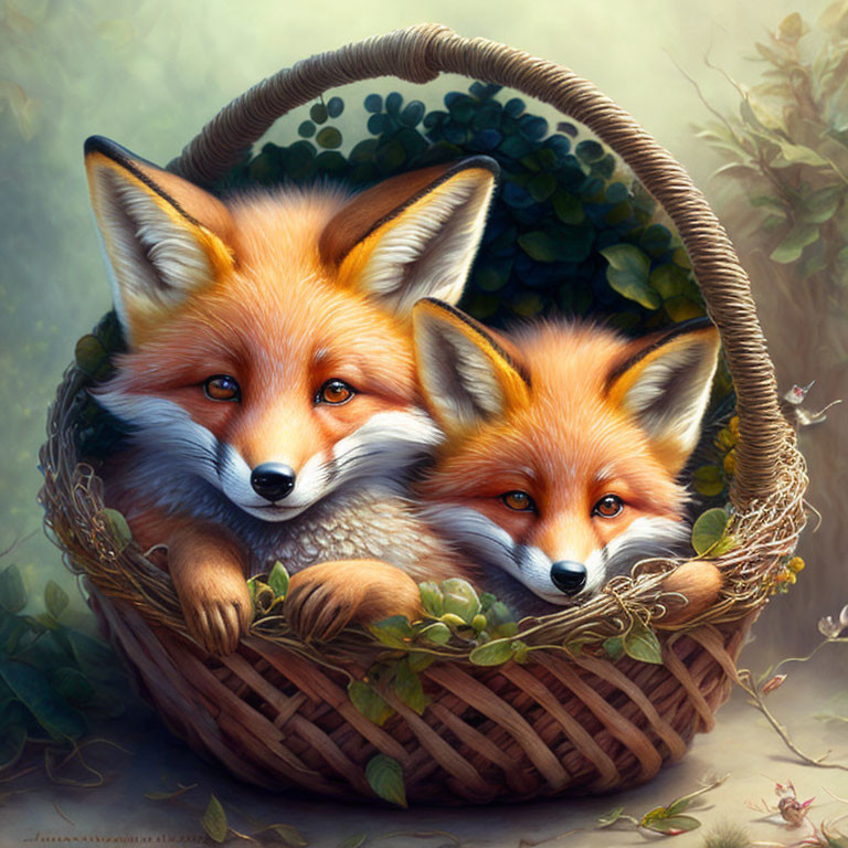 Two foxes in woven basket surrounded by lush greenery and soft lighting